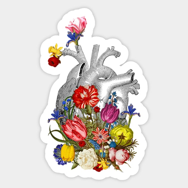 anatomical heart with colorful flowers Sticker by ysmnlettering